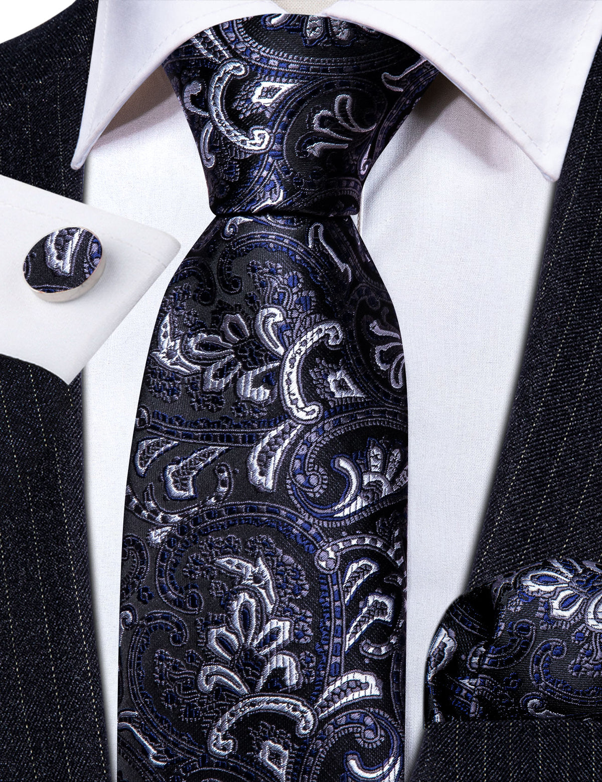 Black Blue White Paisley Silk Tie, Pocket Square and Cufflinks Set tie sets    - Sophisticated Gentlemen