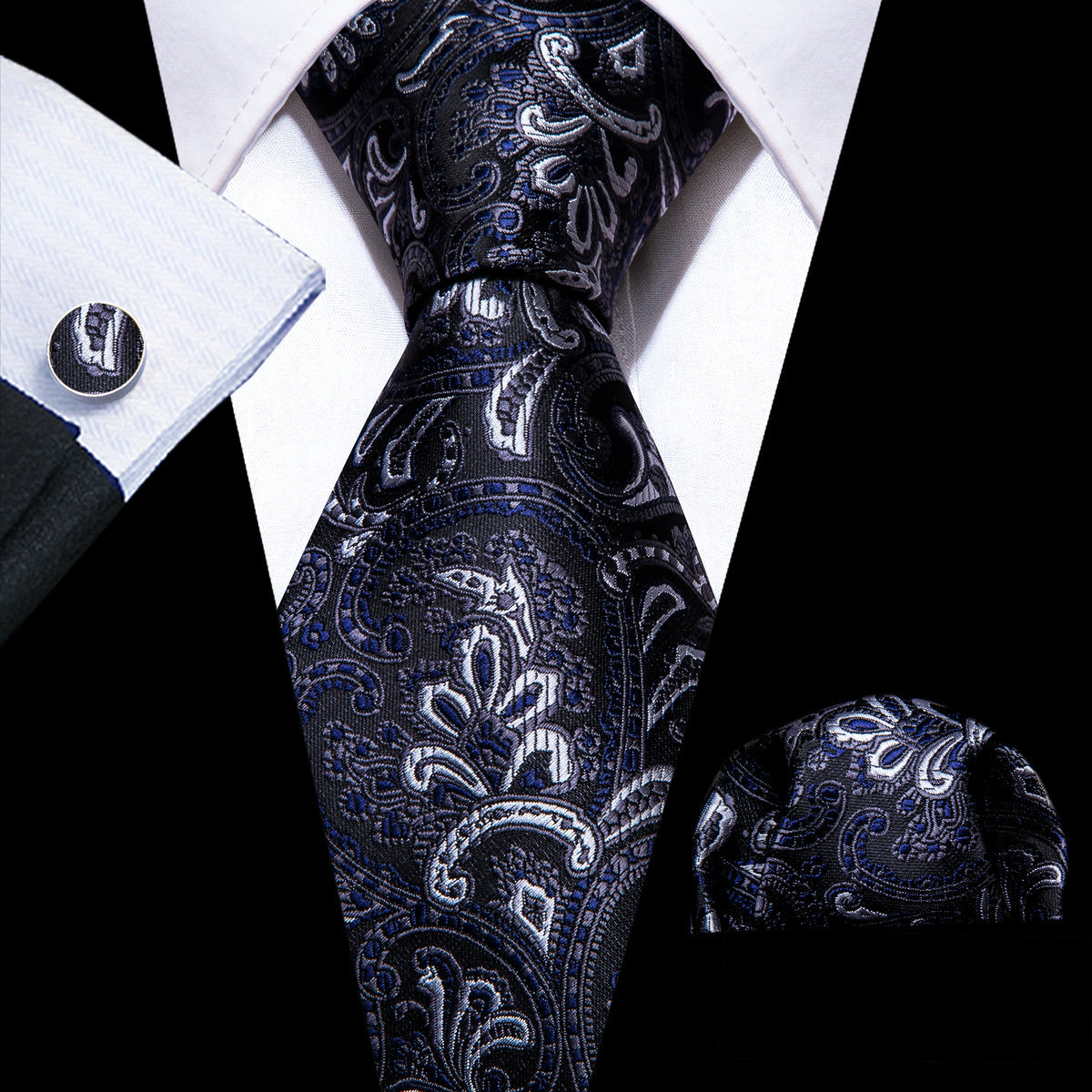 Black Blue White Paisley Silk Tie, Pocket Square and Cufflinks Set tie sets    - Sophisticated Gentlemen