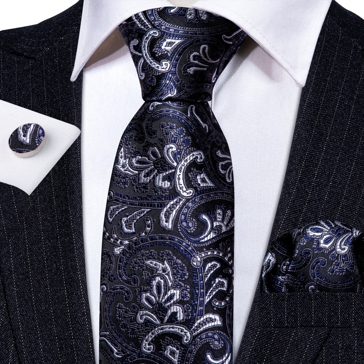 Black Blue White Paisley Silk Tie, Pocket Square and Cufflinks Set tie sets    - Sophisticated Gentlemen
