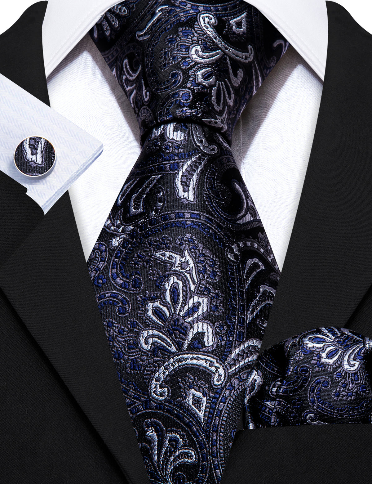 Black Blue White Paisley Silk Tie, Pocket Square and Cufflinks Set tie sets    - Sophisticated Gentlemen