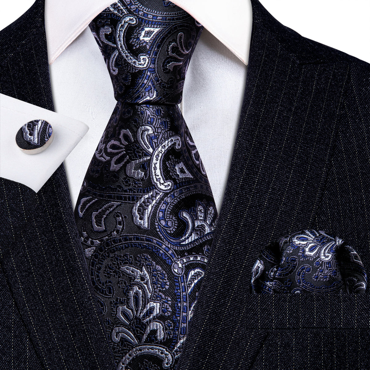 Black Blue White Paisley Silk Tie, Pocket Square and Cufflinks Set tie sets    - Sophisticated Gentlemen