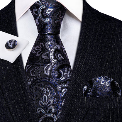 Black Blue White Paisley Silk Tie, Pocket Square and Cufflinks Set tie sets    - Sophisticated Gentlemen