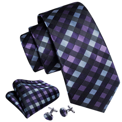 Black Purple Plaid Silk Tie, Pocket Square and Cufflinks Set tie sets    - Sophisticated Gentlemen