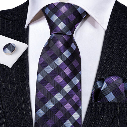 Black Purple Plaid Silk Tie, Pocket Square and Cufflinks Set tie sets    - Sophisticated Gentlemen