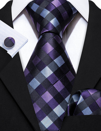 Black Purple Plaid Silk Tie, Pocket Square and Cufflinks Set tie sets    - Sophisticated Gentlemen