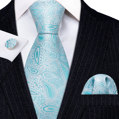 Sky Blue Paisley Silk Men's Tie, Pocket Square and Cufflinks Set tie sets    - Sophisticated Gentlemen