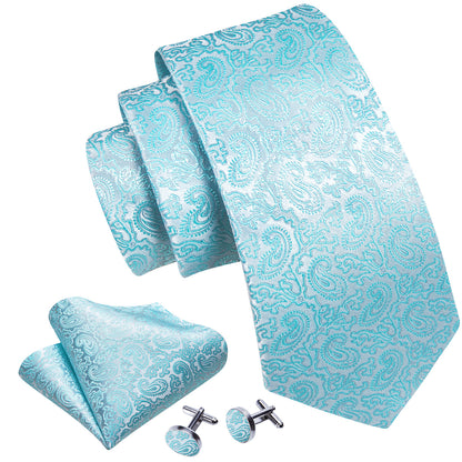 Light Blue Silver Paisley Silk Tie, Pocket Square and Cufflinks Set tie sets    - Sophisticated Gentlemen