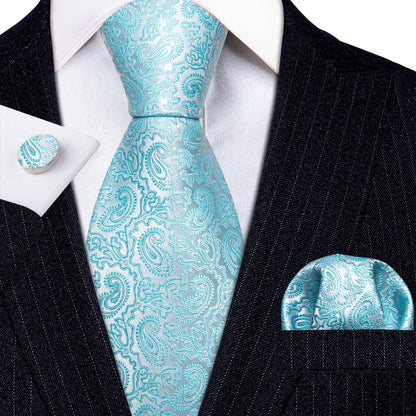 Light Blue Silver Paisley Silk Tie, Pocket Square and Cufflinks Set tie sets    - Sophisticated Gentlemen