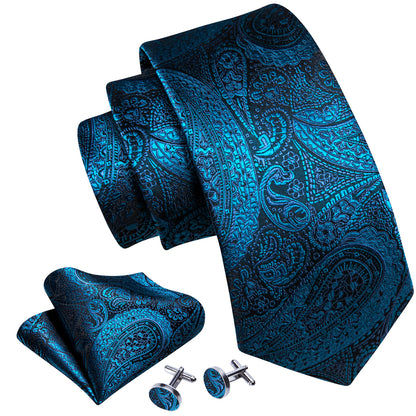 Blue Black Paisley Silk Tie, Pocket Square and Cufflinks Set tie sets    - Sophisticated Gentlemen