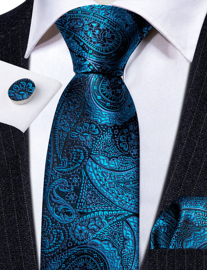 Blue Black Paisley Silk Tie, Pocket Square and Cufflinks Set tie sets    - Sophisticated Gentlemen