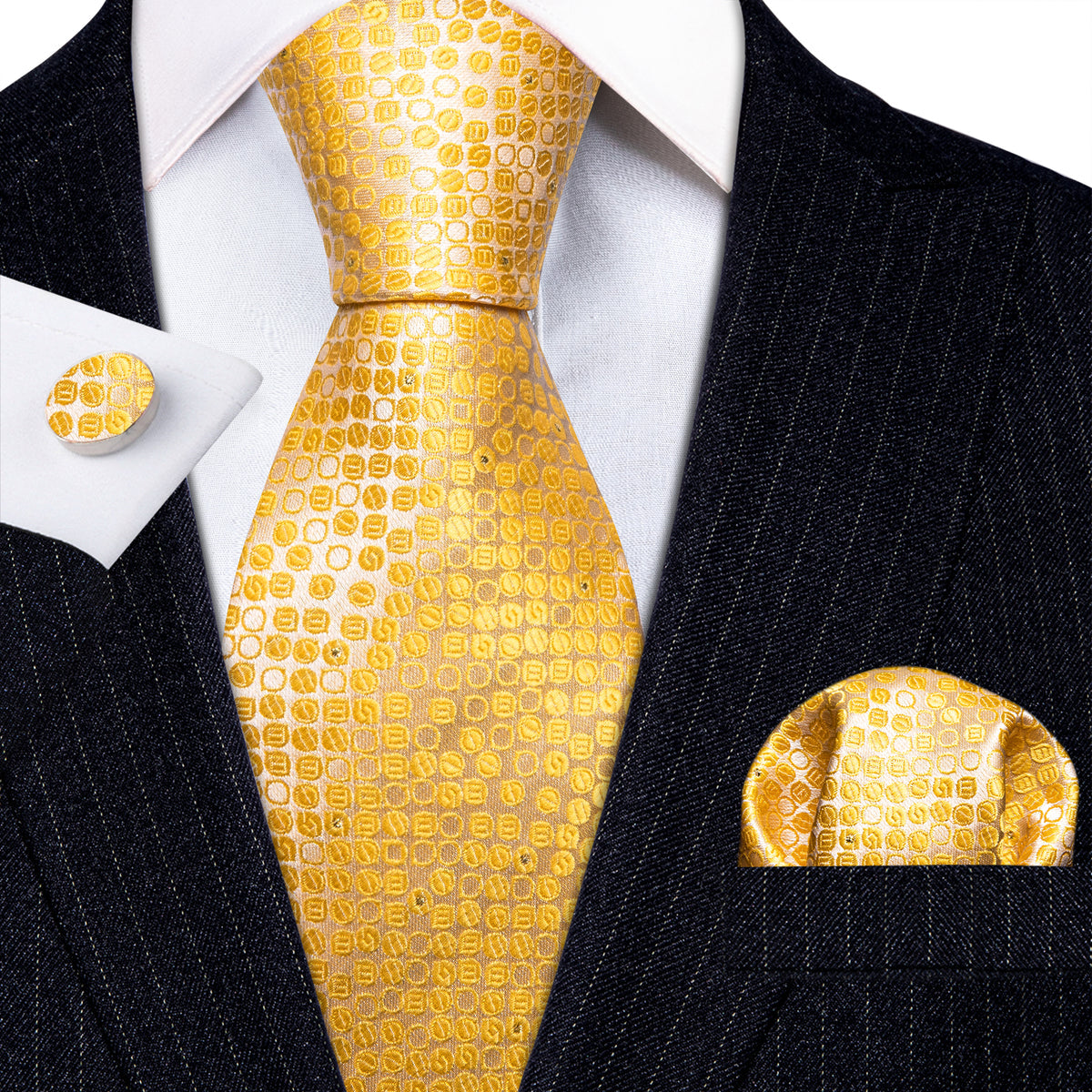 Yellow Floral Silk Tie, Pocket Square and Cufflinks Set tie sets    - Sophisticated Gentlemen