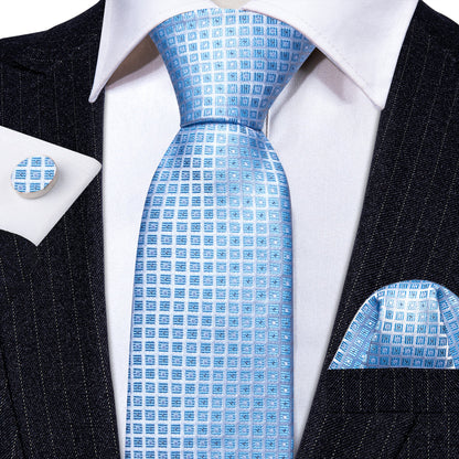 Light Blue Lattice Tie, Pocket Square and Cufflinks Set tie sets    - Sophisticated Gentlemen