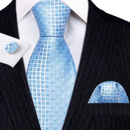 Light Blue Lattice Tie, Pocket Square and Cufflinks Set tie sets    - Sophisticated Gentlemen