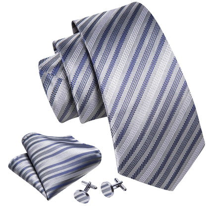 Gray Blue Striped Silk Tie, Pocket Square and Cufflinks Set tie sets    - Sophisticated Gentlemen