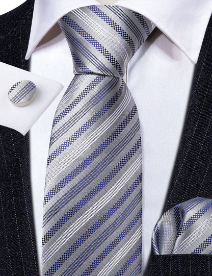Gray Blue Striped Silk Tie, Pocket Square and Cufflinks Set tie sets    - Sophisticated Gentlemen
