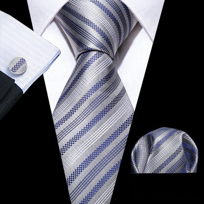 Gray Blue Striped Silk Tie, Pocket Square and Cufflinks Set tie sets    - Sophisticated Gentlemen