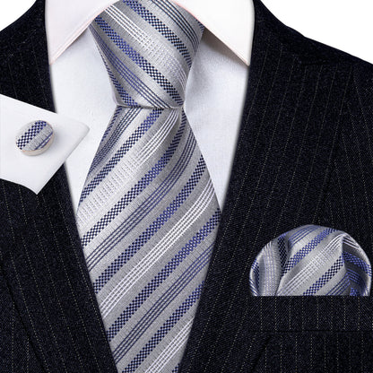 Gray Blue Striped Silk Tie, Pocket Square and Cufflinks Set tie sets    - Sophisticated Gentlemen