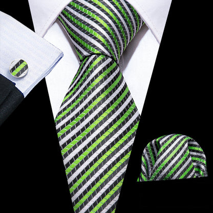 Green White Chartreuse Striped Silk Tie, Pocket Square and Cufflinks Set tie sets    - Sophisticated Gentlemen