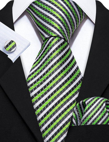 Green White Chartreuse Striped Silk Tie, Pocket Square and Cufflinks Set tie sets    - Sophisticated Gentlemen