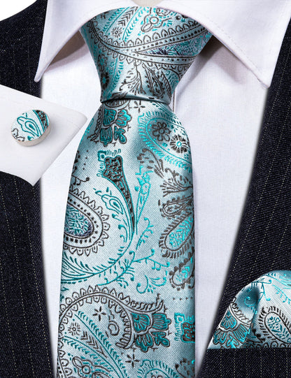 Light Teal Paisley Silk Tie, Pocket Square and Cufflinks Set tie sets    - Sophisticated Gentlemen
