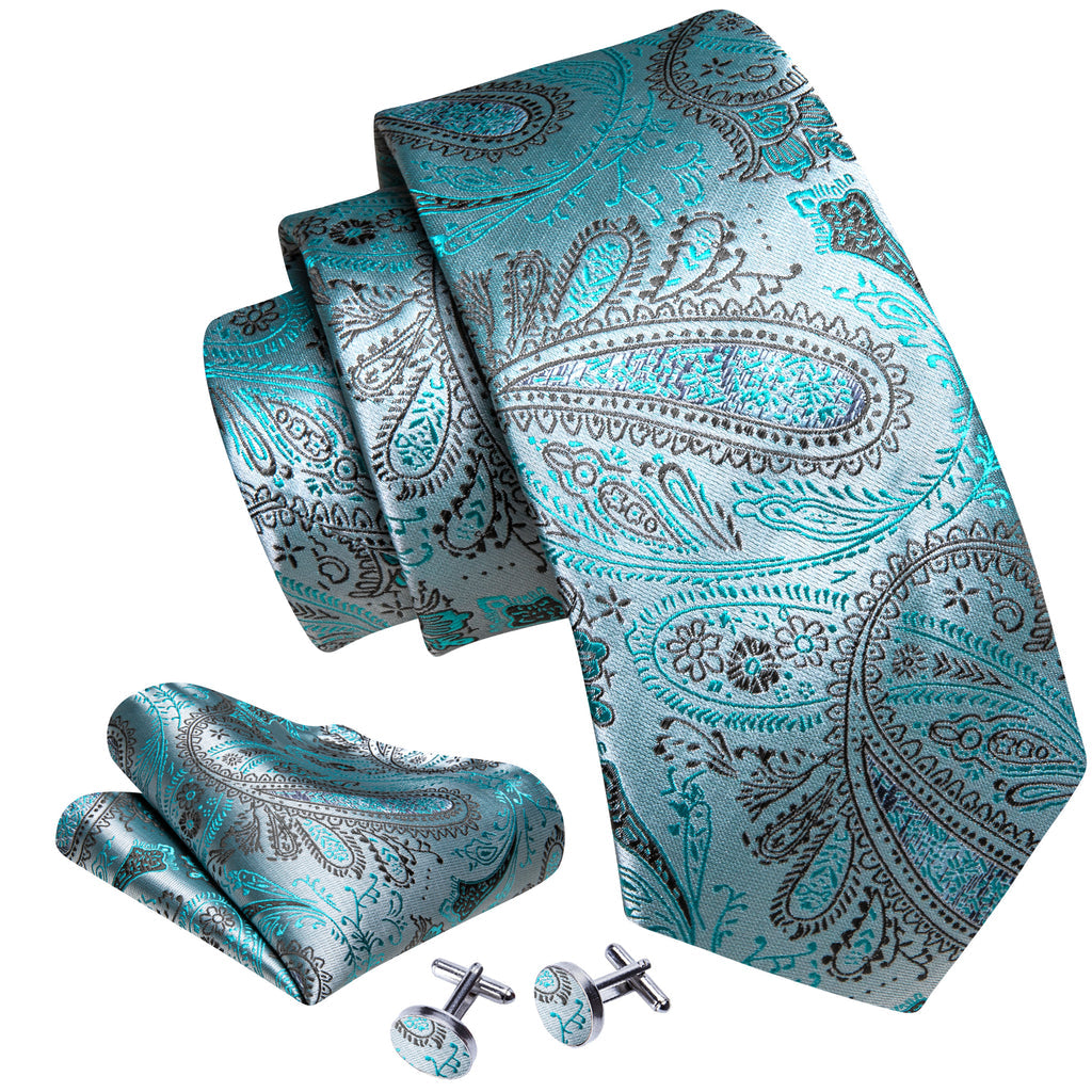 Light Teal Paisley Silk Tie, Pocket Square and Cufflinks Set tie sets    - Sophisticated Gentlemen