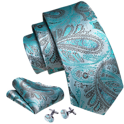 Light Teal Paisley Silk Tie, Pocket Square and Cufflinks Set tie sets    - Sophisticated Gentlemen