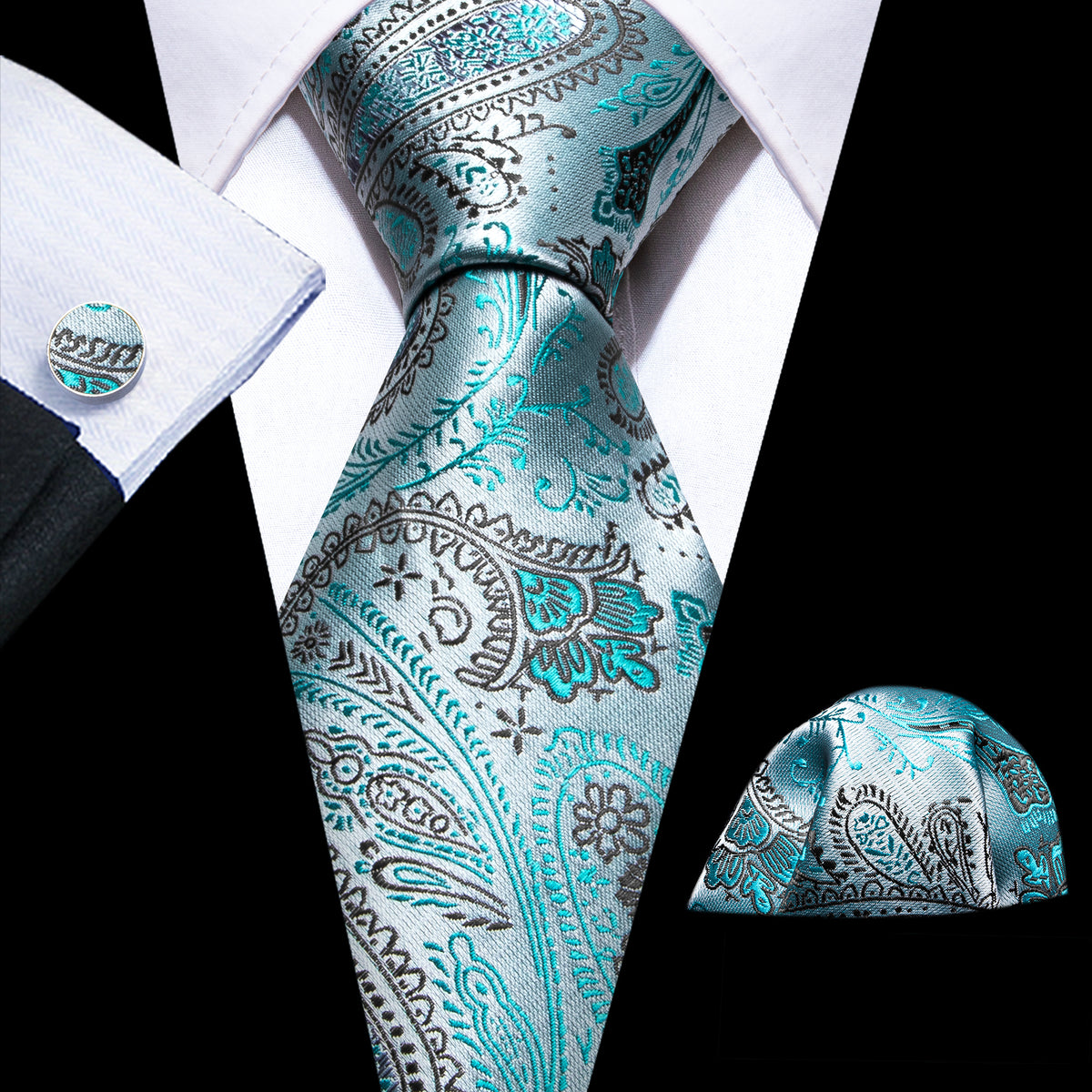 Light Teal Paisley Silk Tie, Pocket Square and Cufflinks Set tie sets    - Sophisticated Gentlemen