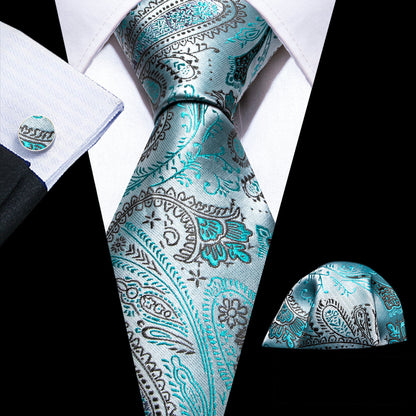Light Teal Paisley Silk Tie, Pocket Square and Cufflinks Set tie sets    - Sophisticated Gentlemen