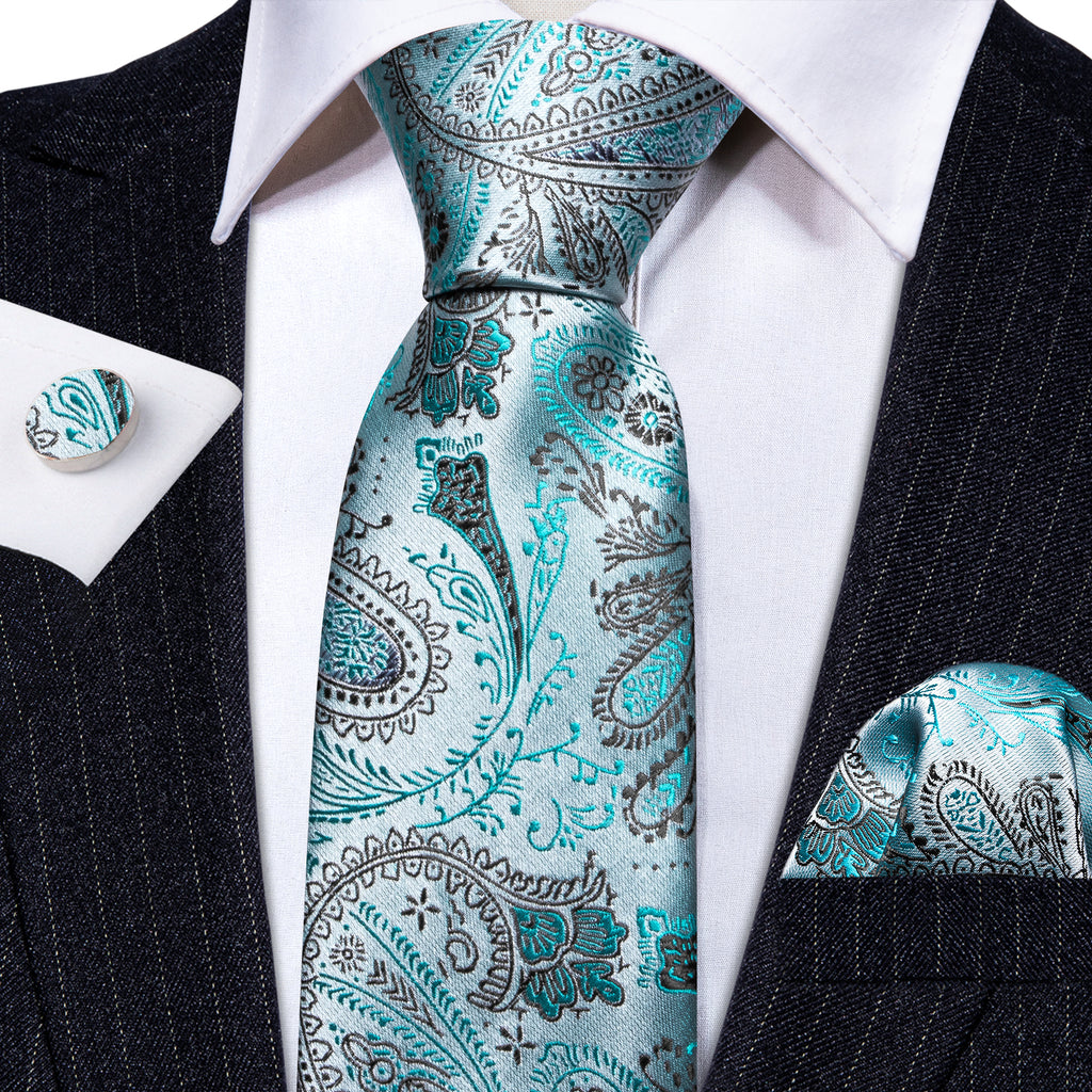 Light Teal Paisley Silk Tie, Pocket Square and Cufflinks Set tie sets    - Sophisticated Gentlemen