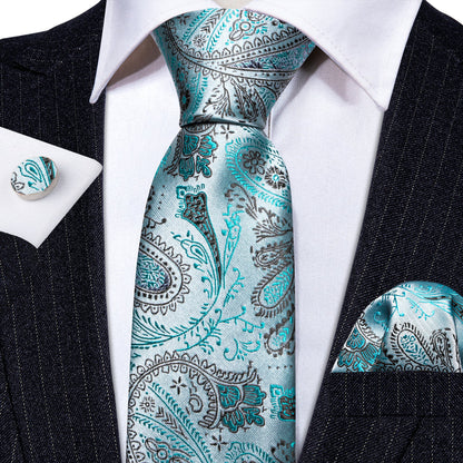 Light Teal Paisley Silk Tie, Pocket Square and Cufflinks Set tie sets    - Sophisticated Gentlemen