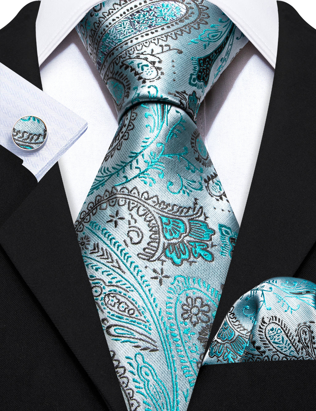 Light Teal Paisley Silk Tie, Pocket Square and Cufflinks Set tie sets    - Sophisticated Gentlemen