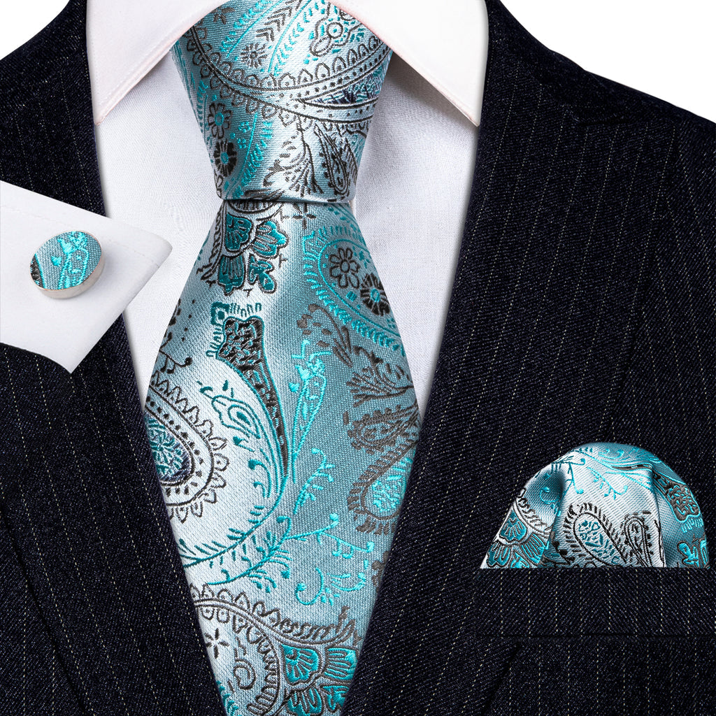 Light Teal Paisley Silk Tie, Pocket Square and Cufflinks Set tie sets    - Sophisticated Gentlemen