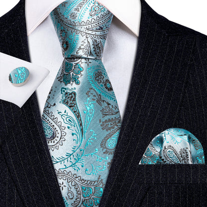 Light Teal Paisley Silk Tie, Pocket Square and Cufflinks Set tie sets    - Sophisticated Gentlemen