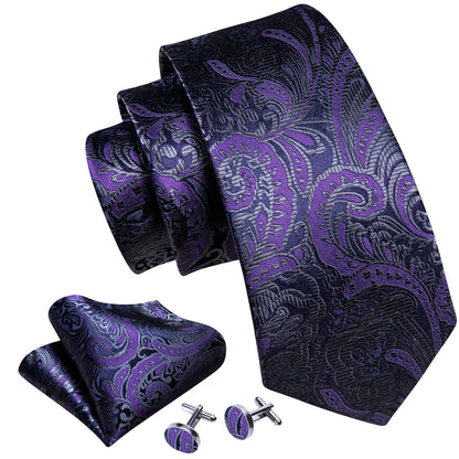 Purple Black Paisley Silk Tie, Pocket Square and Cufflinks Set tie sets    - Sophisticated Gentlemen