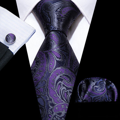 Purple Black Paisley Silk Tie, Pocket Square and Cufflinks Set tie sets    - Sophisticated Gentlemen