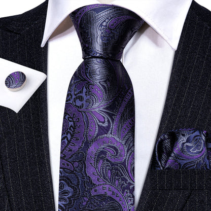 Purple Black Paisley Silk Tie, Pocket Square and Cufflinks Set tie sets    - Sophisticated Gentlemen