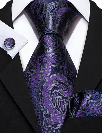 Purple Black Paisley Silk Tie, Pocket Square and Cufflinks Set tie sets    - Sophisticated Gentlemen