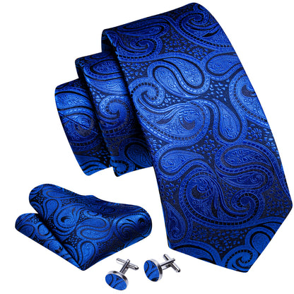 Navy Blue Paisley Silk Tie, Pocket Square and Cufflinks Set tie sets    - Sophisticated Gentlemen
