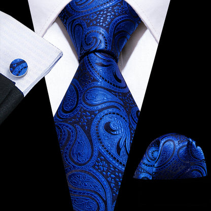 Navy Blue Paisley Silk Tie, Pocket Square and Cufflinks Set tie sets    - Sophisticated Gentlemen