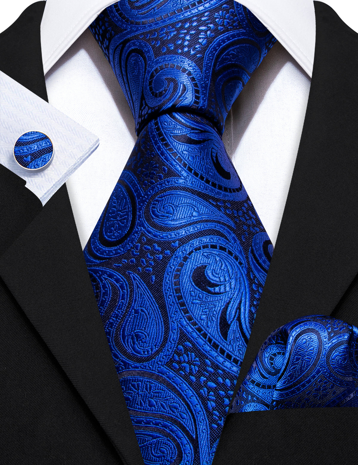Navy Blue Paisley Silk Tie, Pocket Square and Cufflinks Set tie sets    - Sophisticated Gentlemen