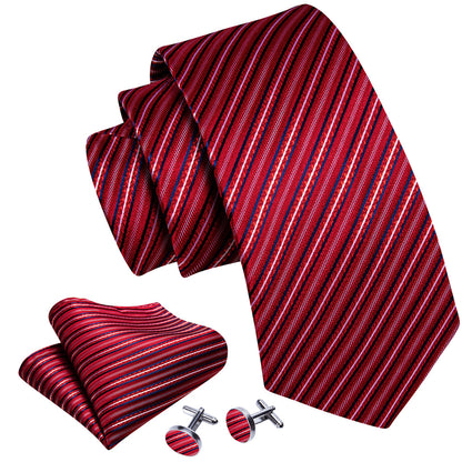 Red White Striped Silk Tie, Pocket Square and Cufflinks Set tie sets    - Sophisticated Gentlemen