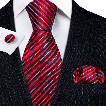 Red White Striped Silk Tie, Pocket Square and Cufflinks Set tie sets    - Sophisticated Gentlemen