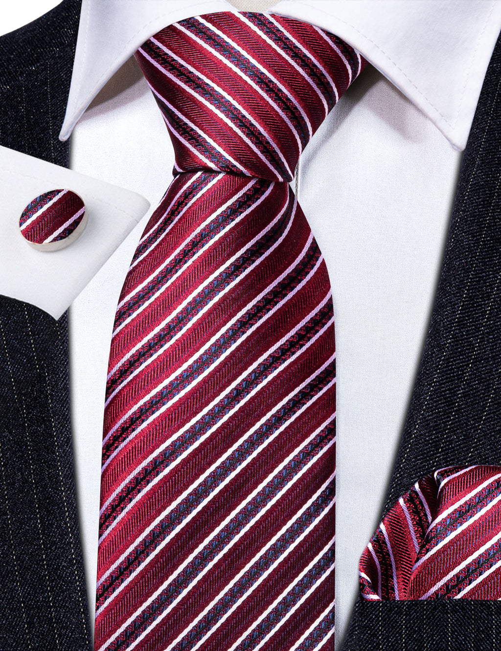 Red Striped Silk Tie, Pocket Square and Cufflinks Set tie sets    - Sophisticated Gentlemen