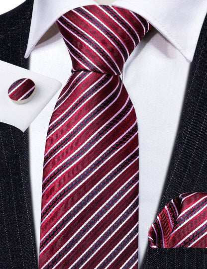 Red Striped Silk Tie, Pocket Square and Cufflinks Set tie sets    - Sophisticated Gentlemen