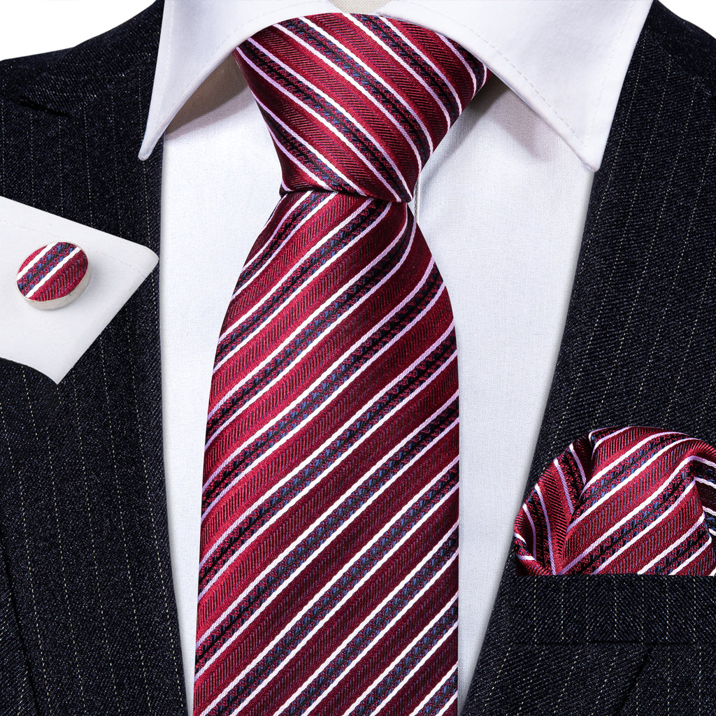 Red Striped Silk Tie, Pocket Square and Cufflinks Set tie sets    - Sophisticated Gentlemen