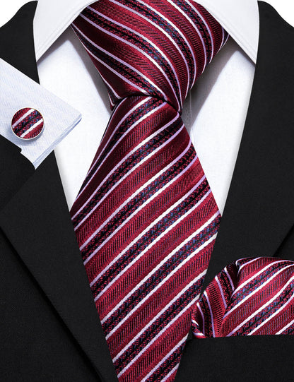 Red Striped Silk Tie, Pocket Square and Cufflinks Set tie sets    - Sophisticated Gentlemen