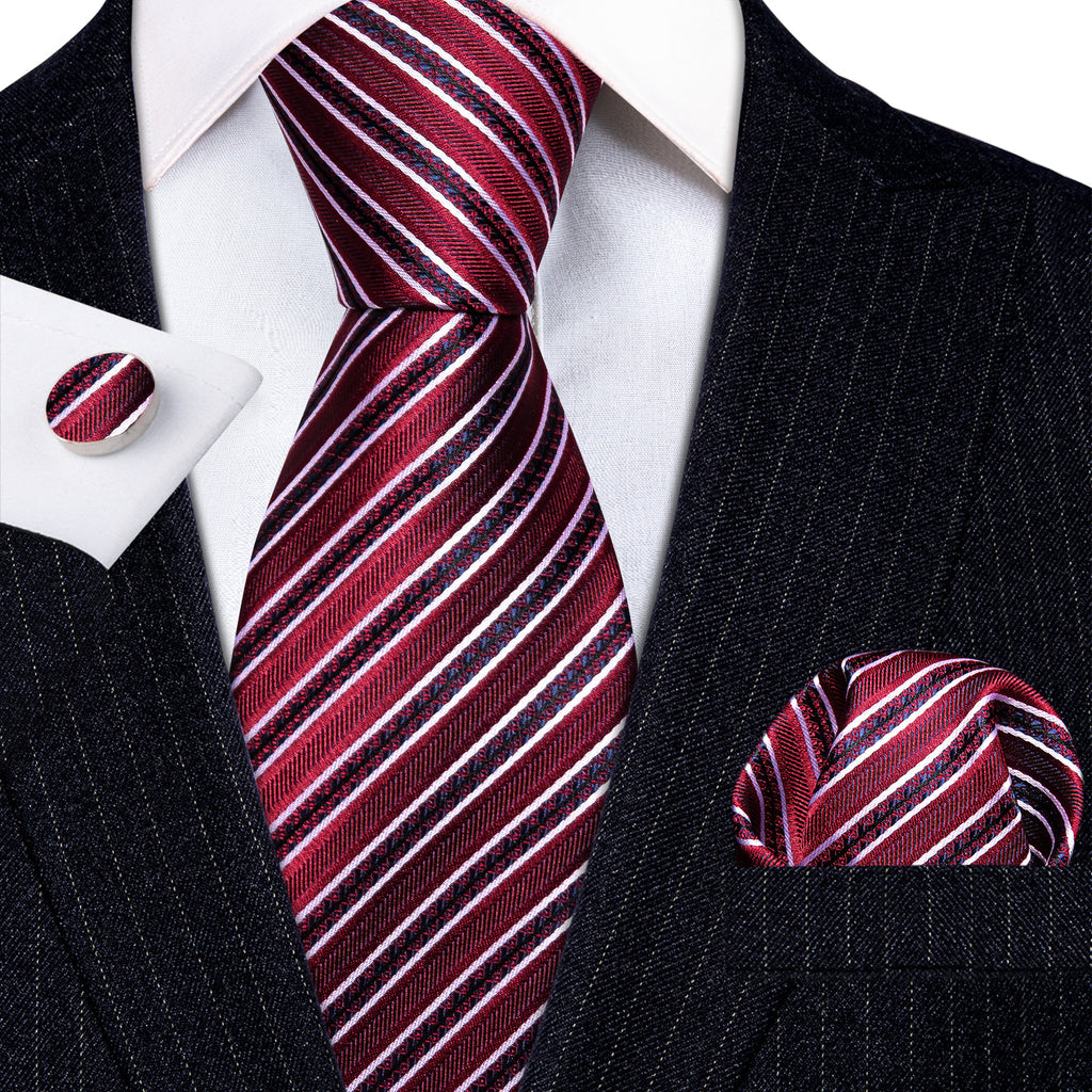 Red Striped Silk Tie, Pocket Square and Cufflinks Set tie sets    - Sophisticated Gentlemen