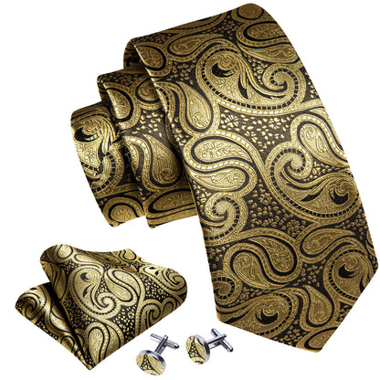 Gold Black Paisley Silk Tie, Pocket Square and Cufflinks Set tie sets    - Sophisticated Gentlemen