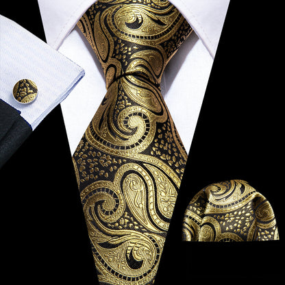 Gold Black Paisley Silk Tie, Pocket Square and Cufflinks Set tie sets    - Sophisticated Gentlemen