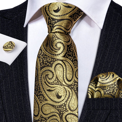 Gold Black Paisley Silk Tie, Pocket Square and Cufflinks Set tie sets    - Sophisticated Gentlemen